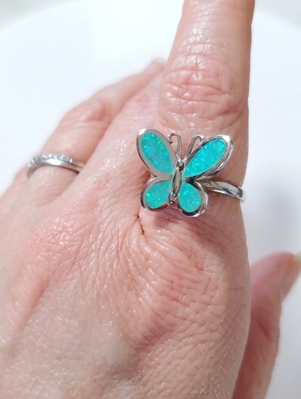 Opal Butterfly Size 8 NEW Ring Sterling Silver 925 Green Inlay October Stacking - Picture 11 of 12